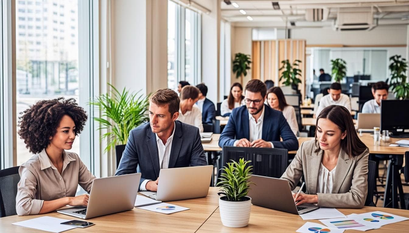 Diverse professionals working on laptops in a modern office